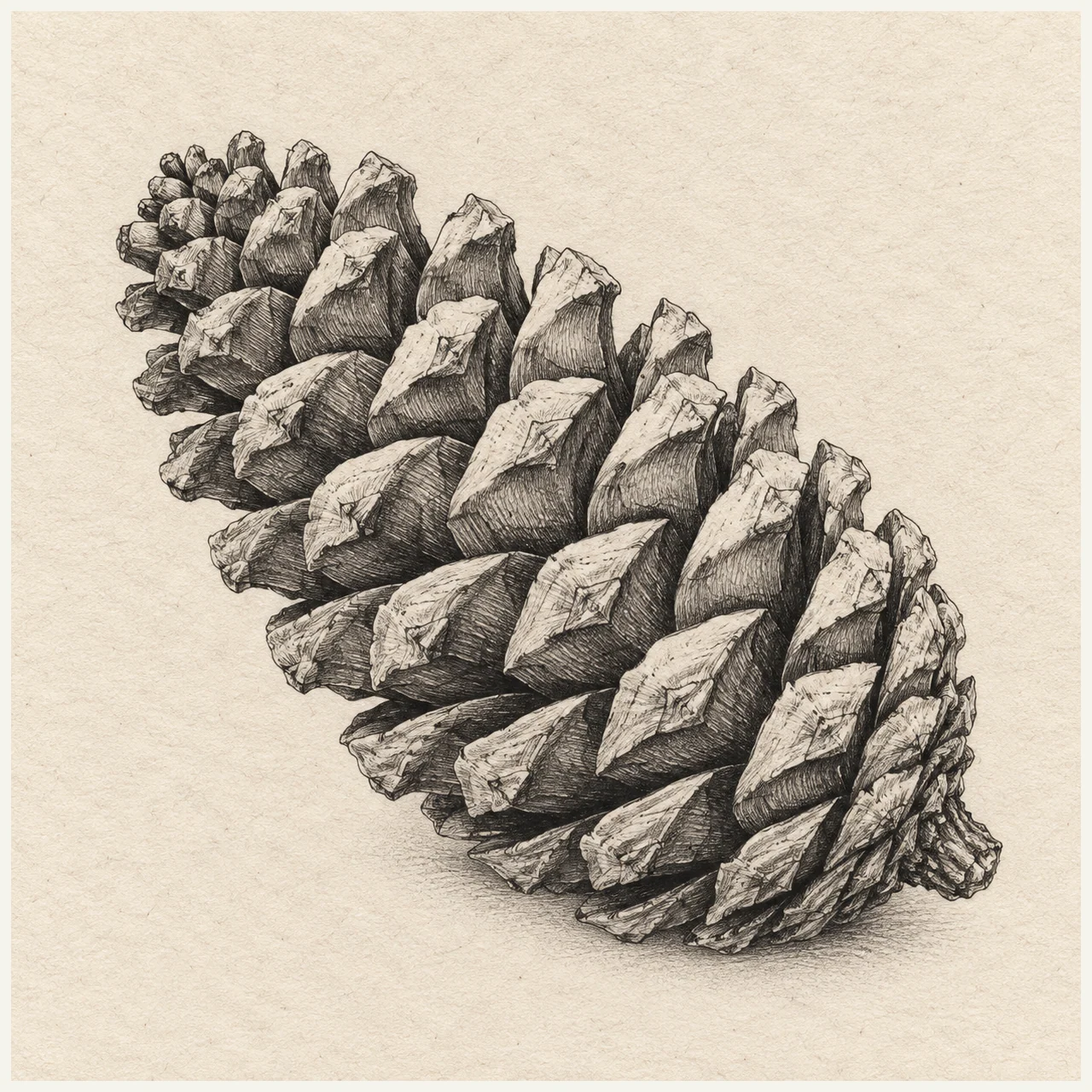 One pinecone lying diagonally, tapered oval mass and overlapping scales following its curved surface. Black and gray fineliner drawing on warm textured sketchbook paper.