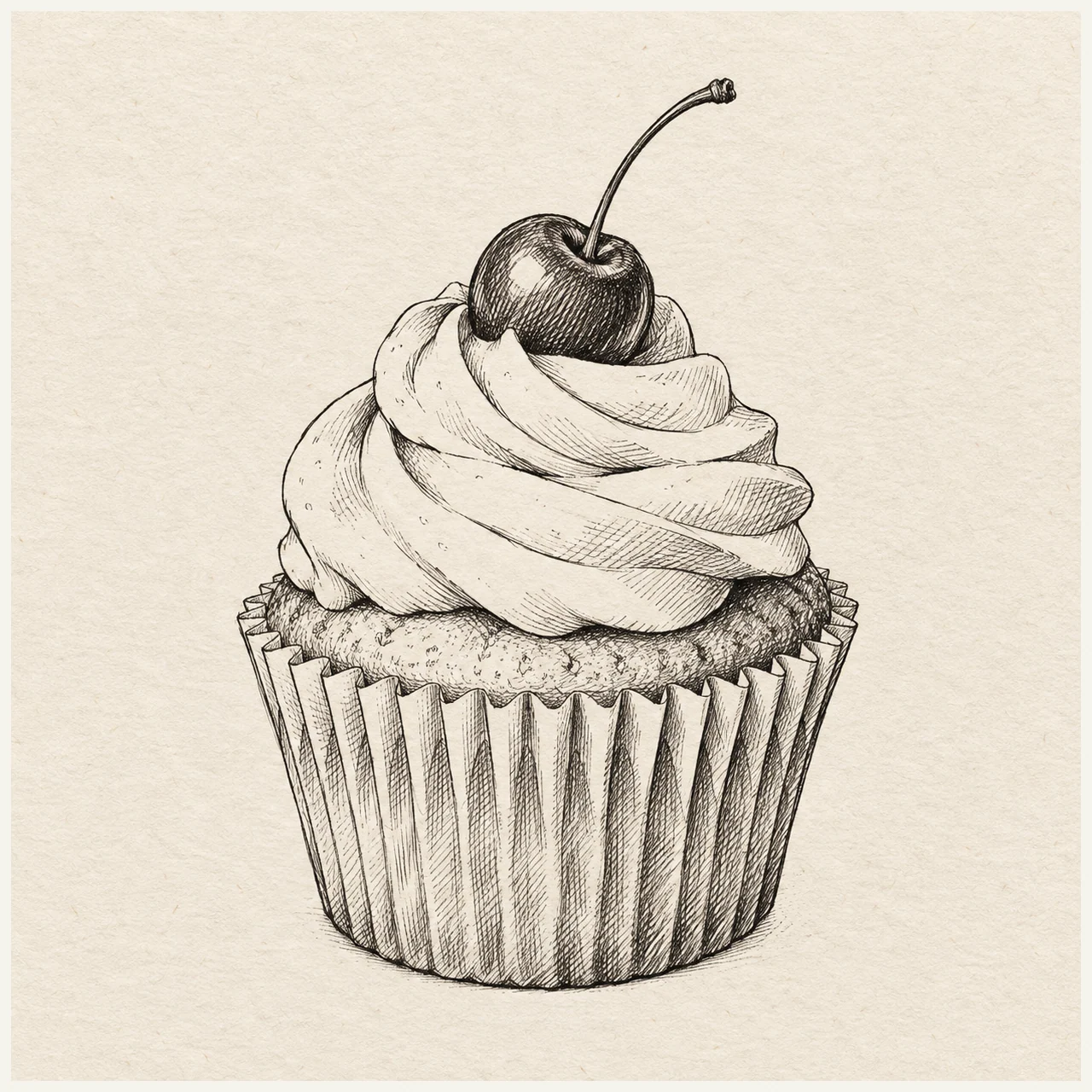 One cupcake in a pleated paper wrapper with a modest frosting swirl and one small cherry. Black and gray fineliner drawing on warm textured sketchbook paper.