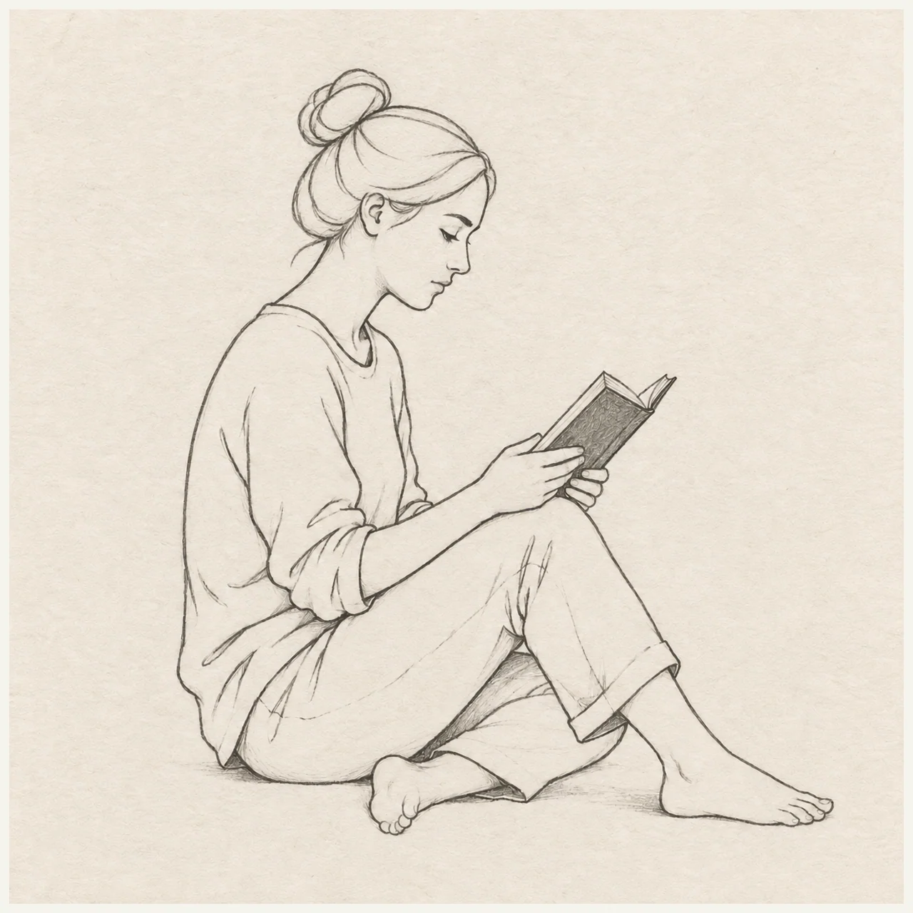 Person reading drawn in black and gray pencil on pale cream textured sketchbook paper, with a complete silhouette and open margins.