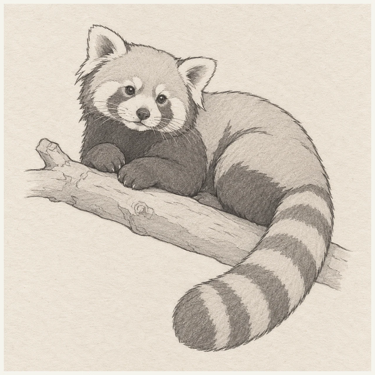 Pencil drawing of a red panda resting on a short branch, with broad facial patches, a curved banded tail and lightly shaded coat shapes on textured paper.