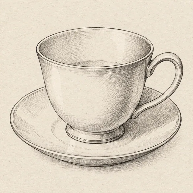 One plain teacup on a saucer in three-quarter view, open elliptical rim and one connected curved handle. Black and gray fineliner drawing on warm textured sketchbook paper.
