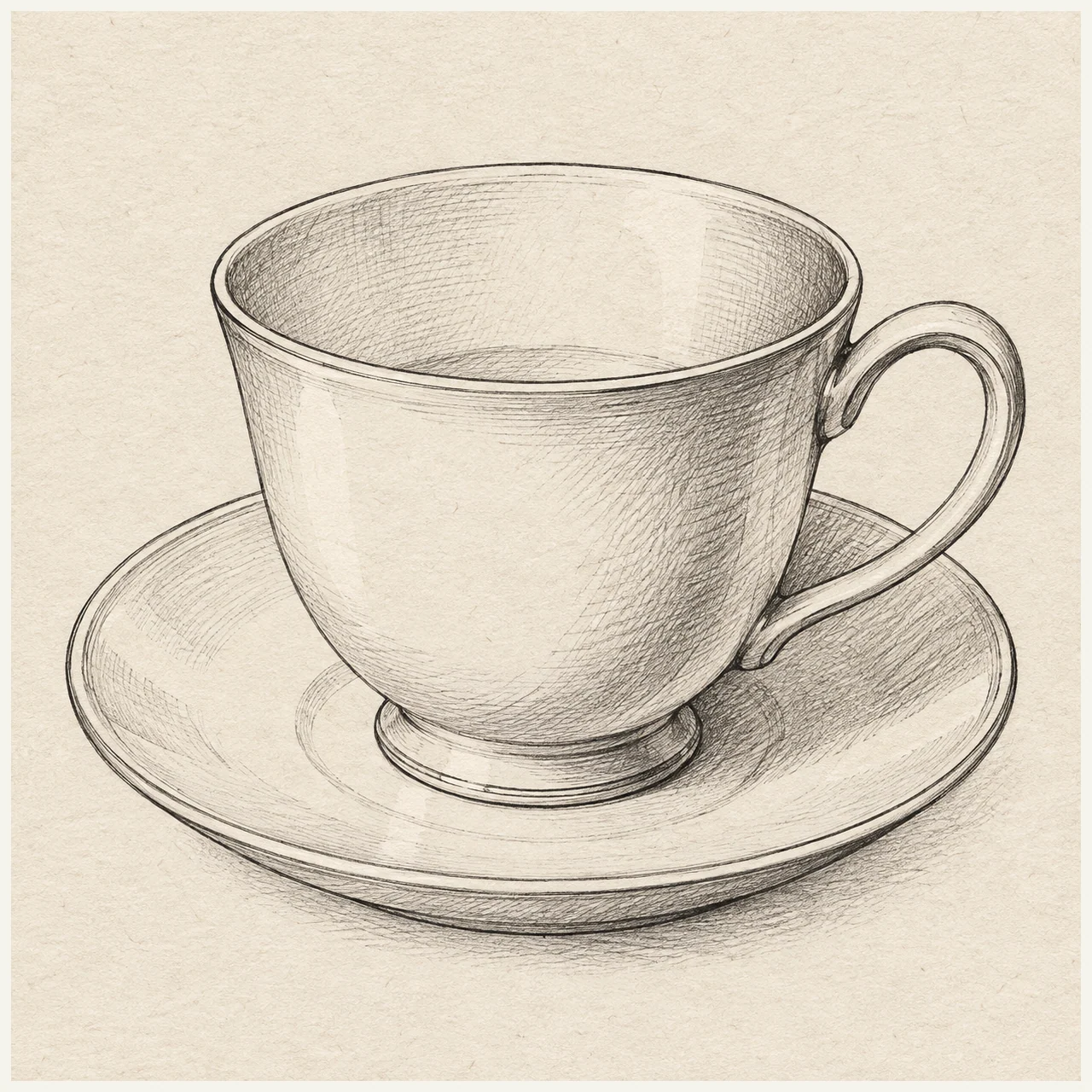 One plain teacup on a saucer in three-quarter view, open elliptical rim and one connected curved handle. Black and gray fineliner drawing on warm textured sketchbook paper.
