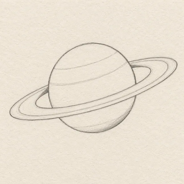 Graphite pencil sketch of Saturn with a tilted ring system, broad curved bands, and a small overlap shadow on textured off-white paper.
