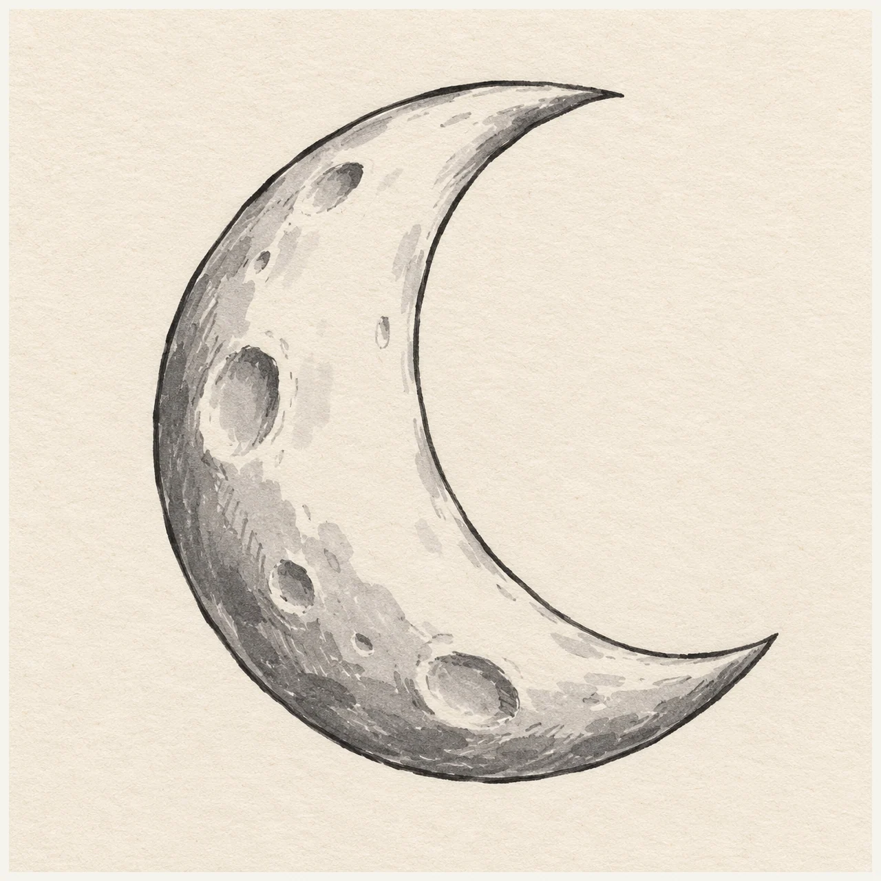 Moon drawn in black and gray marker on pale cream textured sketchbook paper, with a complete silhouette and open margins.