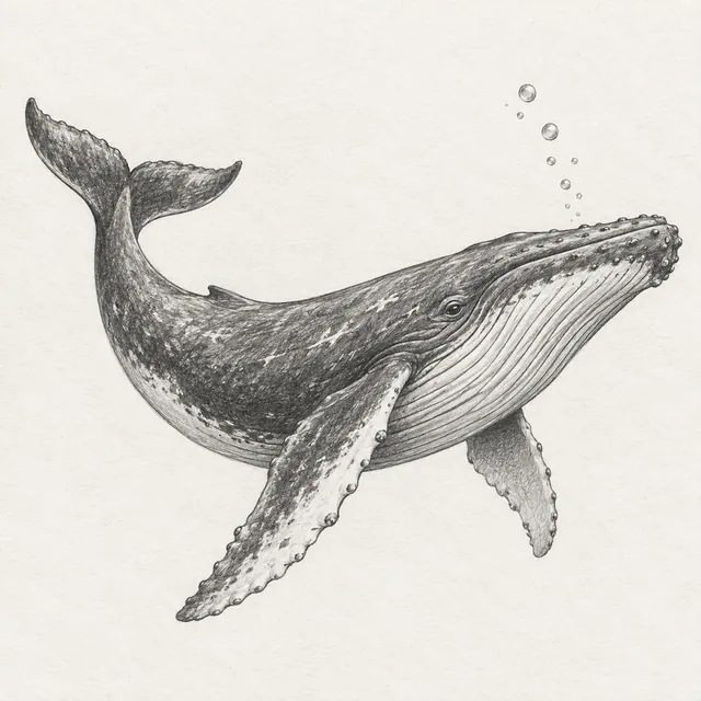 A graphite humpback whale in side profile with long curved fins and small bubbles above.