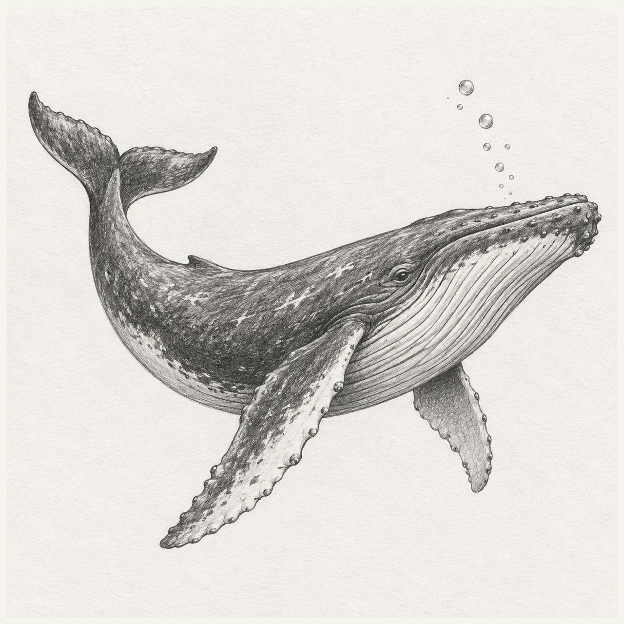 A graphite humpback whale in side profile with long curved fins and small bubbles above.