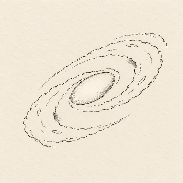 Spiral galaxy drawn in black and gray fineliner on pale cream textured sketchbook paper, with a complete silhouette and open margins.