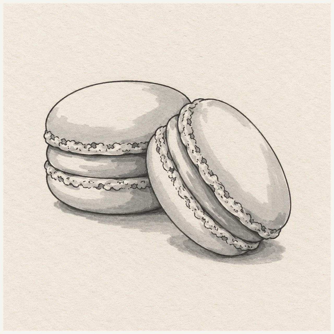 Black and gray marker drawing of two overlapping macarons with domed shells, ruffled edges and filling bands on textured sketchbook paper.
