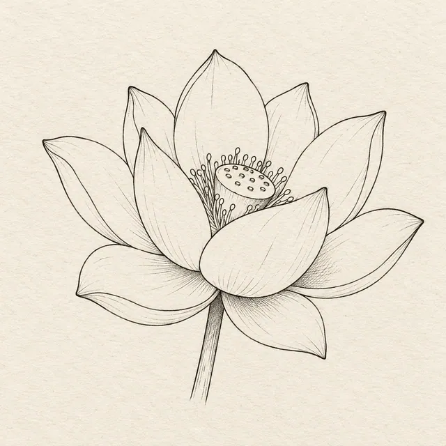 One open lotus flower in three-quarter view, layered broad petals and a short stem. Black and gray fineliner drawing on warm textured sketchbook paper.