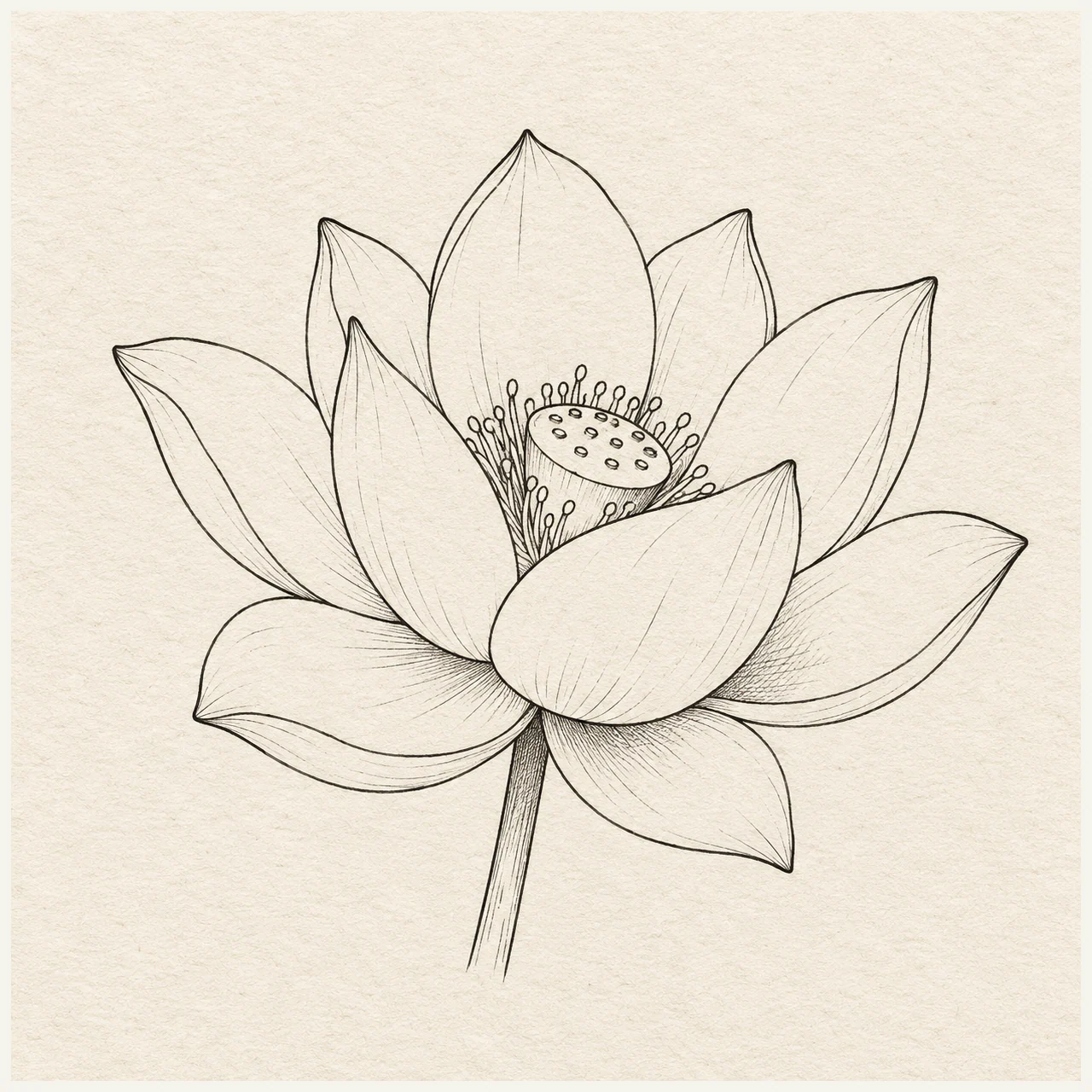 One open lotus flower in three-quarter view, layered broad petals and a short stem. Black and gray fineliner drawing on warm textured sketchbook paper.