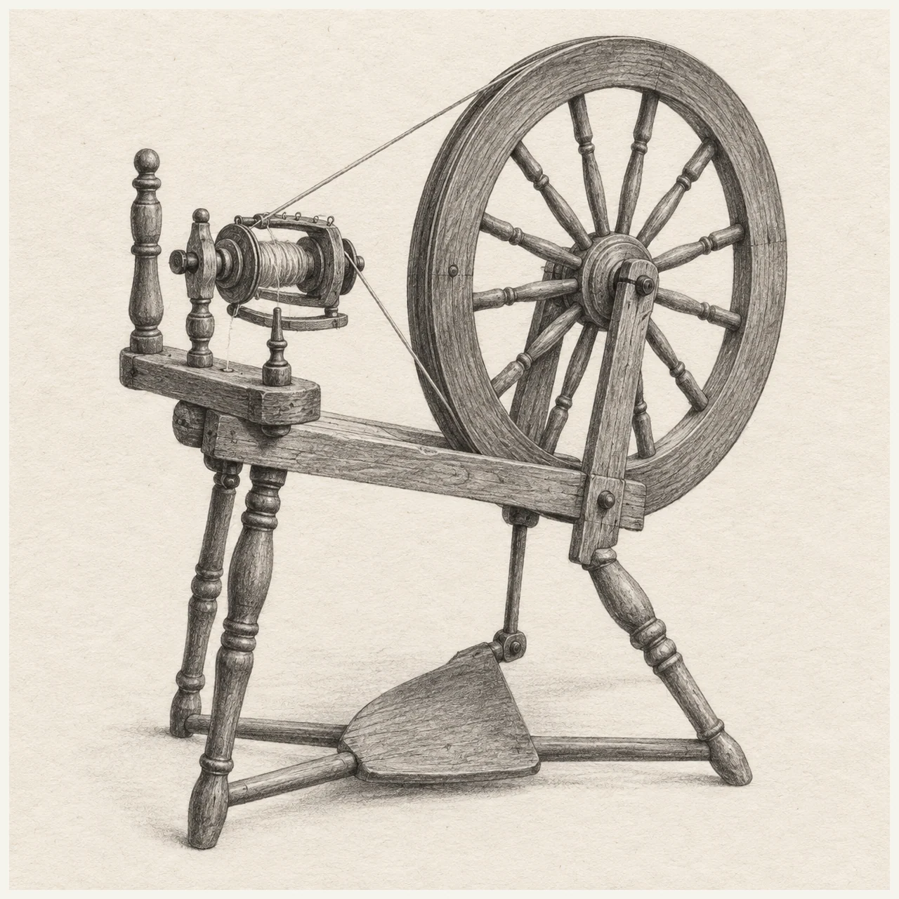 Detailed pencil drawing of a wooden spinning wheel with a spoked drive wheel, flyer, bobbin and foot treadle on textured paper.