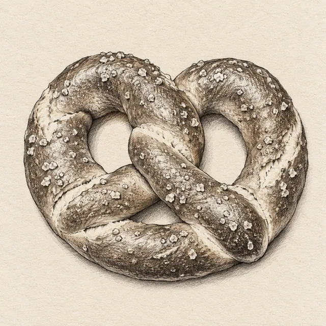 One soft pretzel viewed from slightly above with a coherent continuous dough loop crossing once in the middle. Black and gray fineliner drawing on warm textured sketchbook paper.