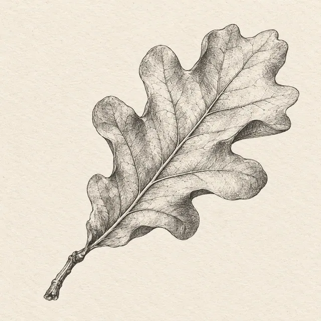 One oak leaf on a short stem, gently curved, with rounded lobes and a readable central vein. Black and gray fineliner drawing on warm textured sketchbook paper.
