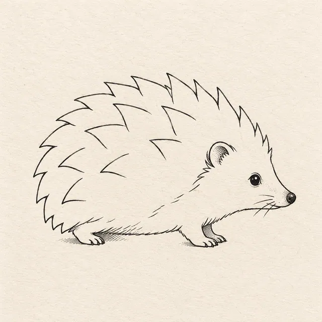 A complete hedgehog in side view, low rounded back, pointed face, tiny ear and short visible feet; quills grouped into broad clusters. Black and gray fineliner drawing on warm textured sketchbook paper.