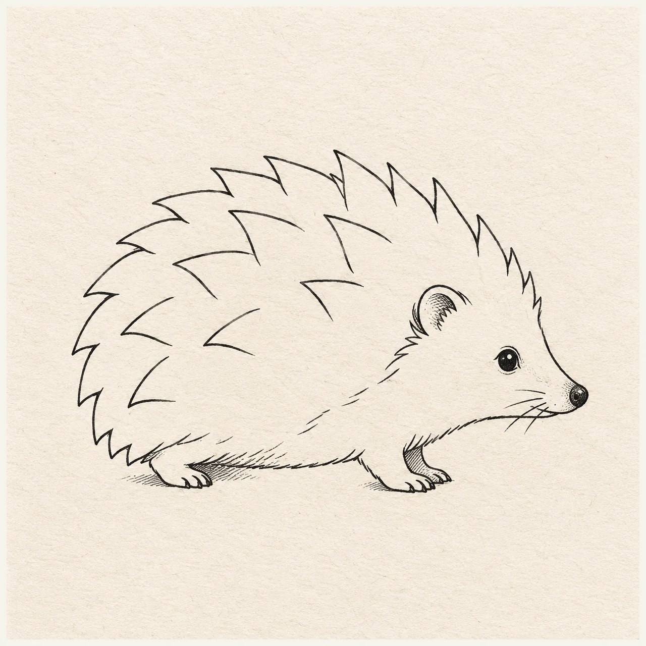 A complete hedgehog in side view, low rounded back, pointed face, tiny ear and short visible feet; quills grouped into broad clusters. Black and gray fineliner drawing on warm textured sketchbook paper.