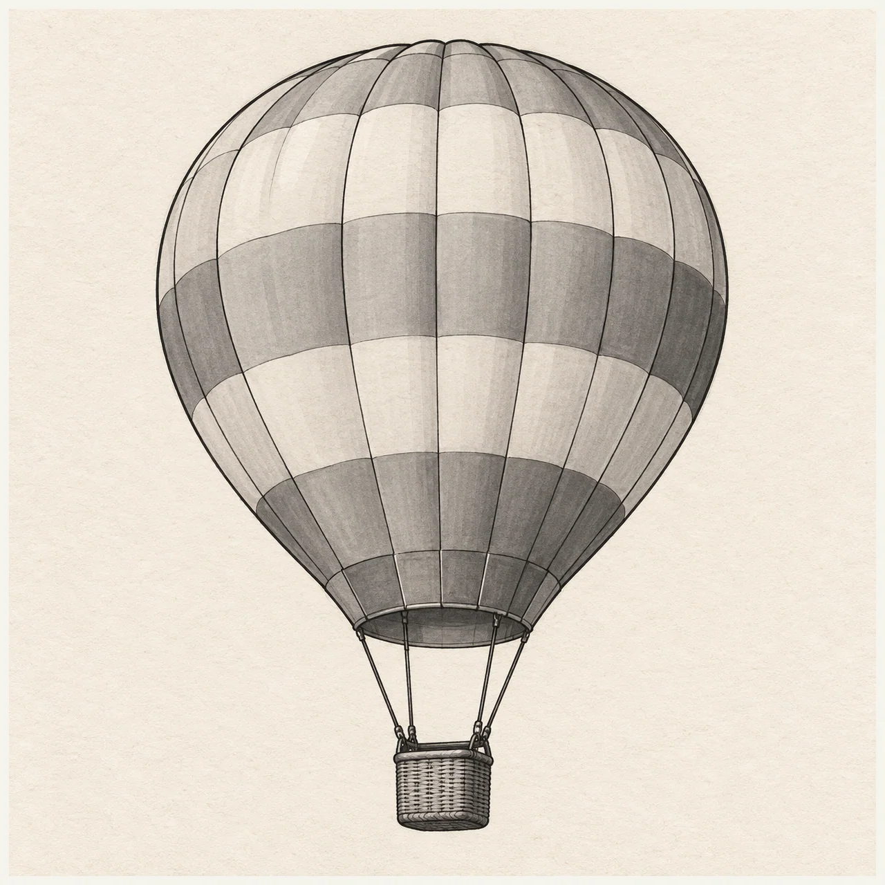 Hot air balloon drawn in black and gray marker on pale cream textured sketchbook paper, with a complete silhouette and open margins.