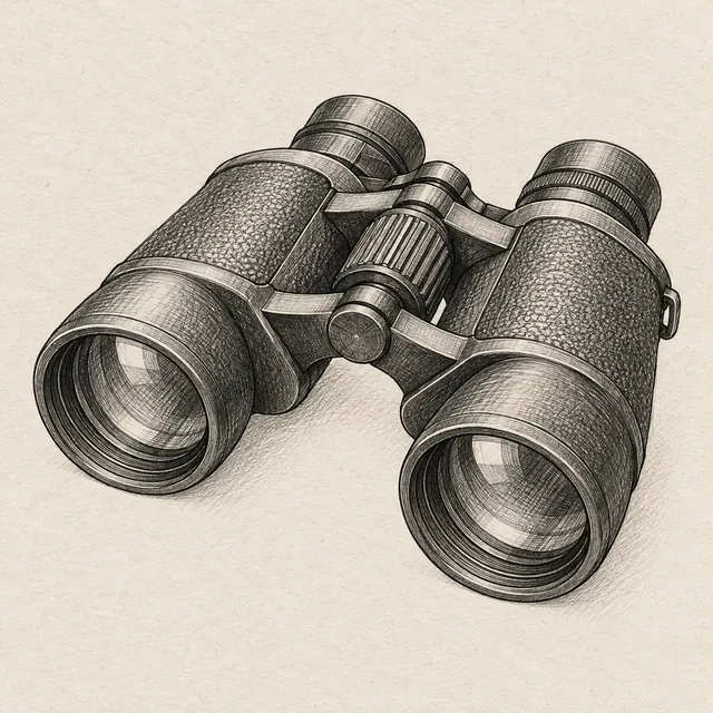 One pair of binoculars in three-quarter view with two connected barrels, two eyepieces and a central bridge. Black and gray fineliner drawing on warm textured sketchbook paper.