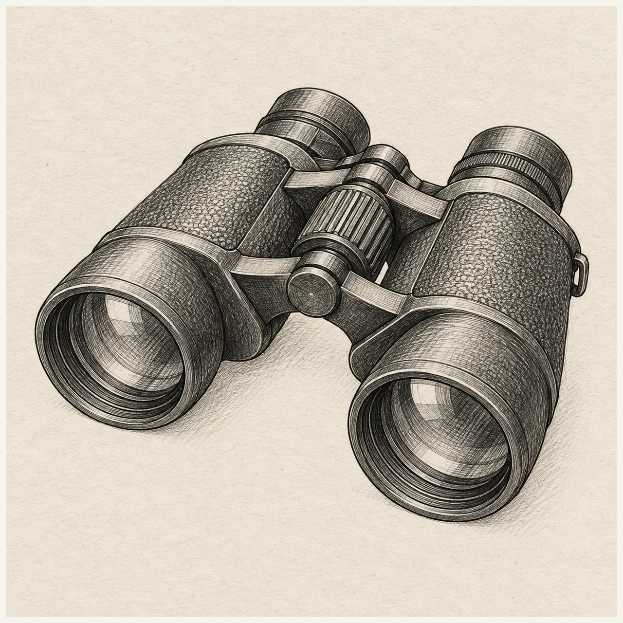 One pair of binoculars in three-quarter view with two connected barrels, two eyepieces and a central bridge. Black and gray fineliner drawing on warm textured sketchbook paper.