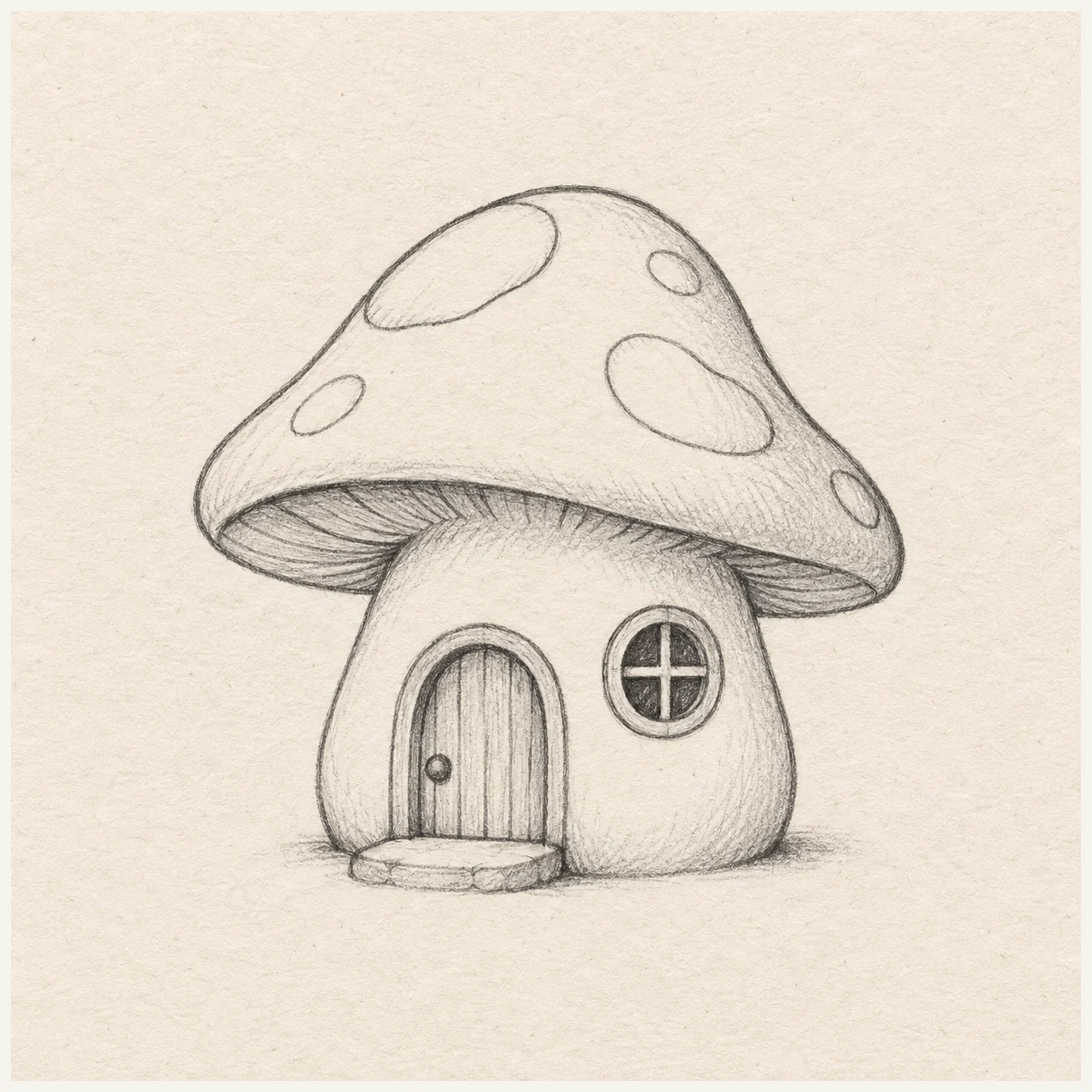 Mushroom house drawn in black and gray pencil on pale cream textured sketchbook paper, with a complete silhouette and open margins.