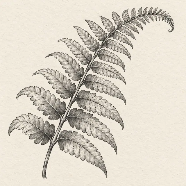 One curved fern frond with paired leaflets tapering toward its tip. Black and gray fineliner drawing on warm textured sketchbook paper.