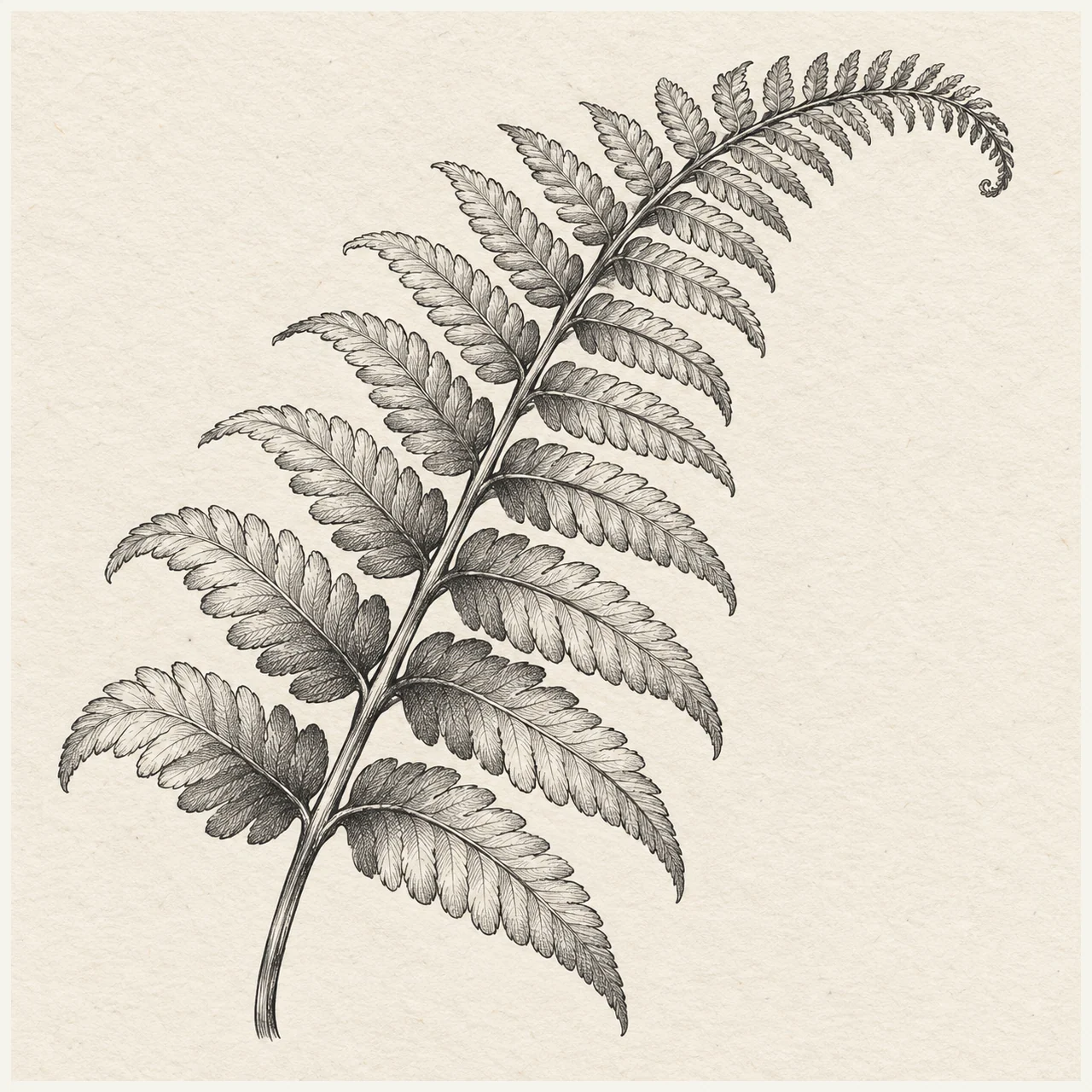 One curved fern frond with paired leaflets tapering toward its tip. Black and gray fineliner drawing on warm textured sketchbook paper.