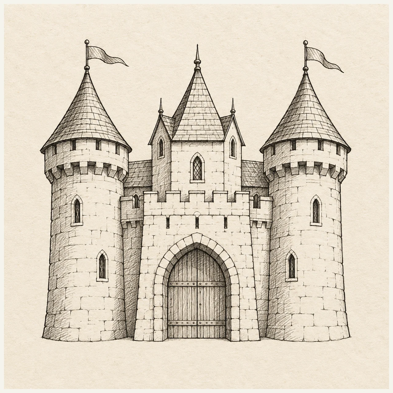 Castle drawn in black and gray fineliner on pale cream textured sketchbook paper, with a complete silhouette and open margins.