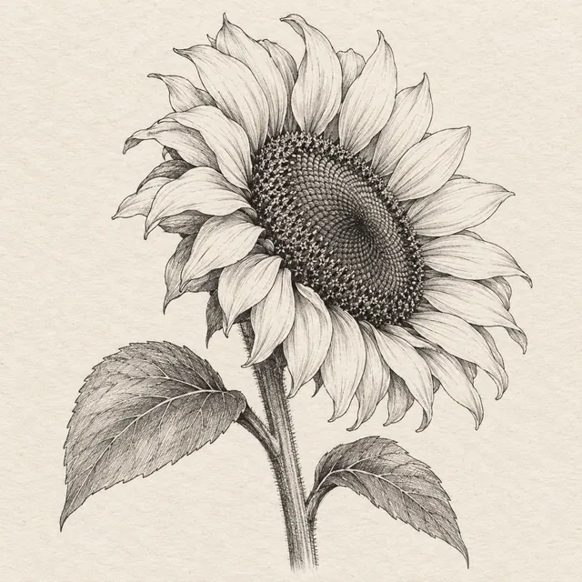 One sunflower bloom facing slightly sideways, an oval seed center, surrounding petals, a short stem and two leaves. Black and gray fineliner drawing on warm textured sketchbook paper.