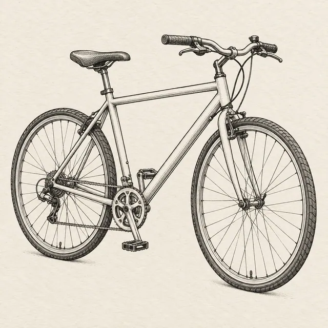 Bicycle drawn in black and gray fineliner on pale cream textured sketchbook paper, with a complete silhouette and open margins.