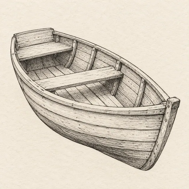 Rowboat drawn in black and gray fineliner on pale cream textured sketchbook paper, with a complete silhouette and open margins.