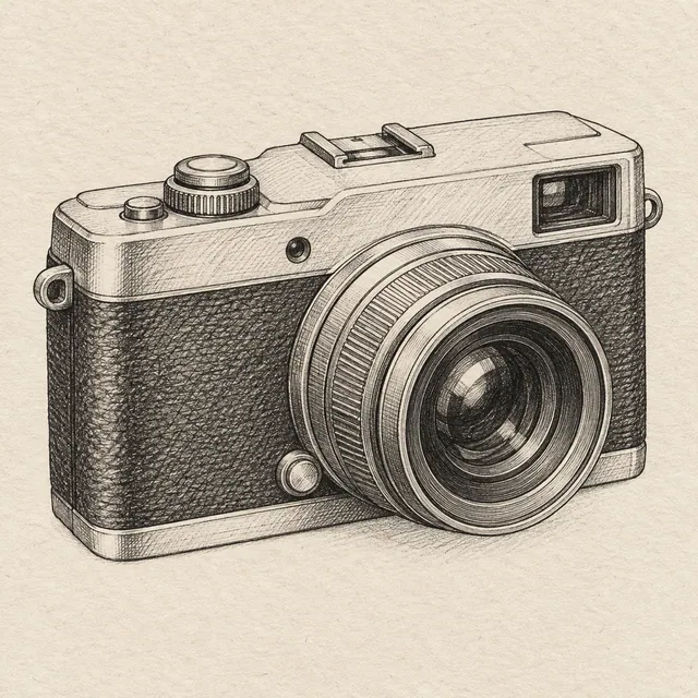 One compact camera in three-quarter view, box body, central cylindrical lens and top shutter button; no brand or lettering. Black and gray fineliner drawing on warm textured sketchbook paper.