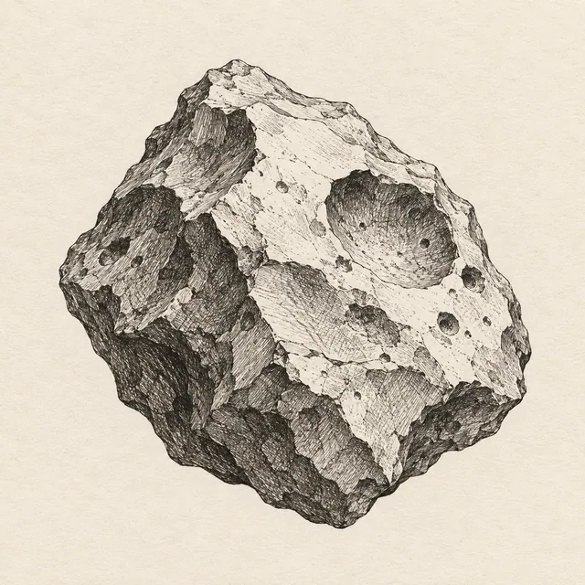 Meteorite drawn in black and gray fineliner on pale cream textured sketchbook paper, with a complete silhouette and open margins.