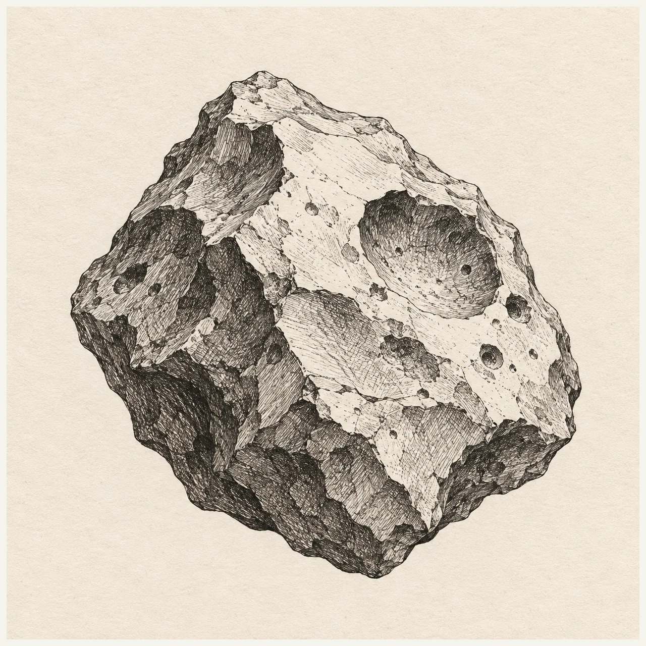 Meteorite drawn in black and gray fineliner on pale cream textured sketchbook paper, with a complete silhouette and open margins.