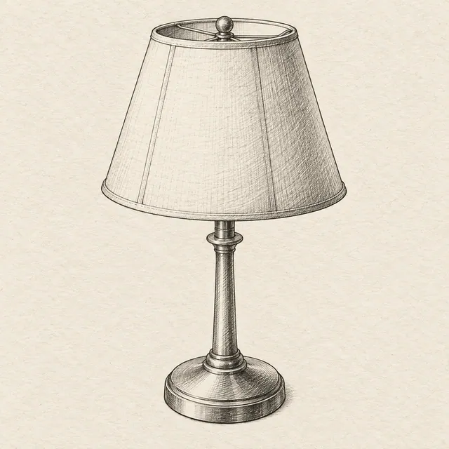 One table lamp in three-quarter view, tapered shade, narrow supporting stem and round weighted base. Black and gray fineliner drawing on warm textured sketchbook paper.
