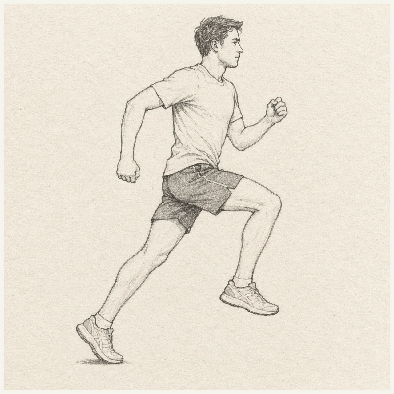 Runner drawn in black and gray pencil on pale cream textured sketchbook paper, with a complete silhouette and open margins.
