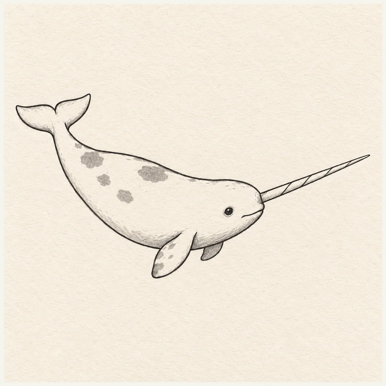 Black marker sketch of a side-view narwhal with a long tusk, two small flippers, and tail flukes on textured off-white paper.