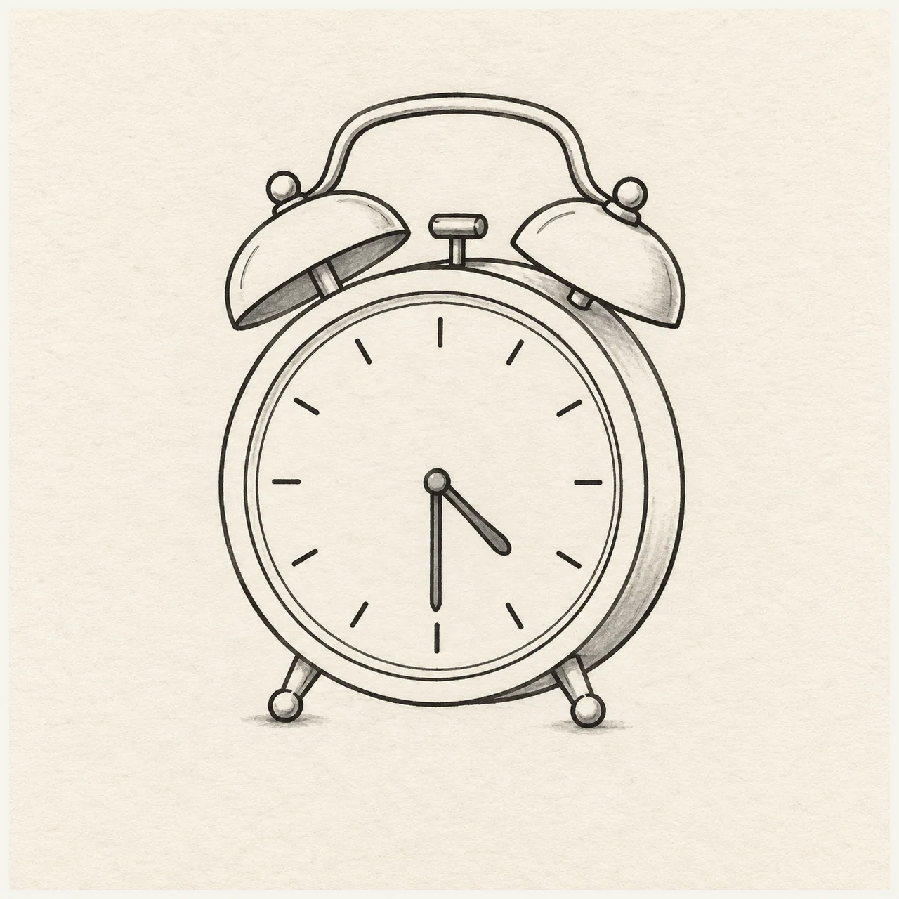 Black marker sketch of a twin-bell alarm clock with plain hour marks and two hands on textured off-white paper.