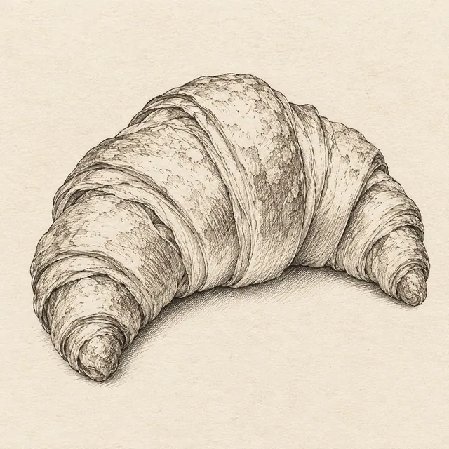 One curved croissant in three-quarter view, broad middle and two tapered ends, with overlapping dough bands. Black and gray fineliner drawing on warm textured sketchbook paper.