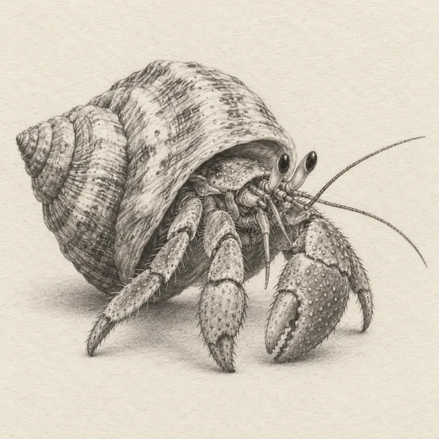 Detailed pencil drawing of a hermit crab emerging from a spiral shell with stalked eyes, antennae and claws on textured paper.