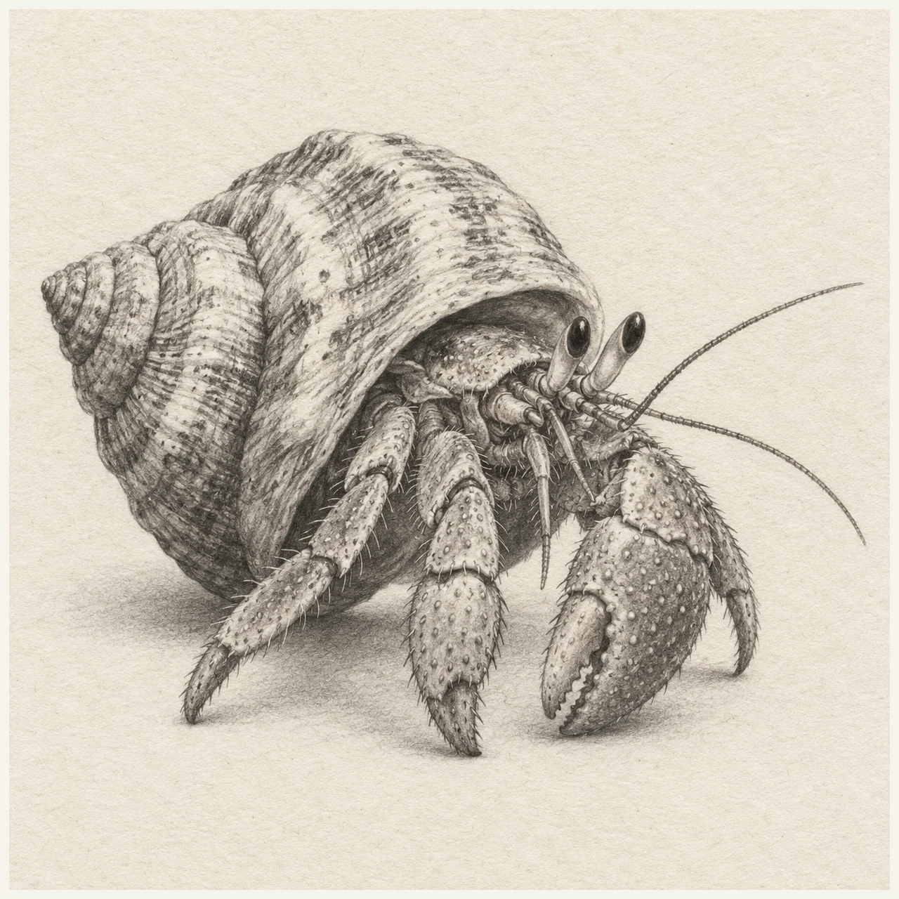 Detailed pencil drawing of a hermit crab emerging from a spiral shell with stalked eyes, antennae and claws on textured paper.