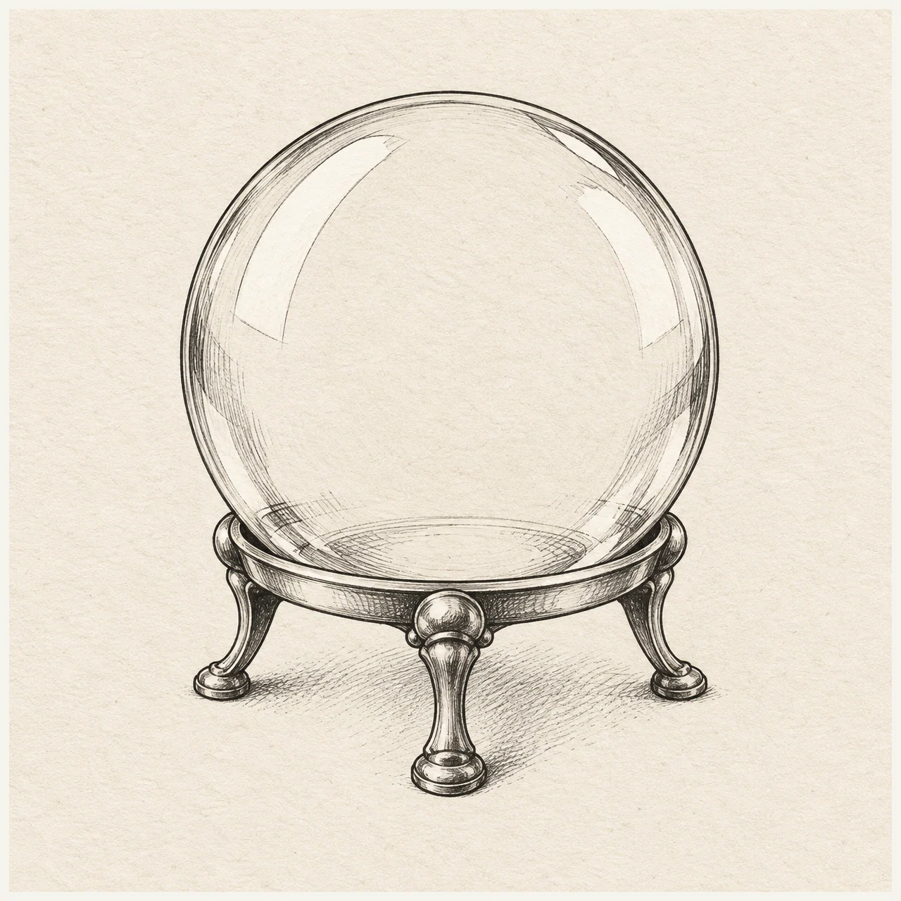 Crystal ball drawn in black and gray fineliner on pale cream textured sketchbook paper, with a complete silhouette and open margins.