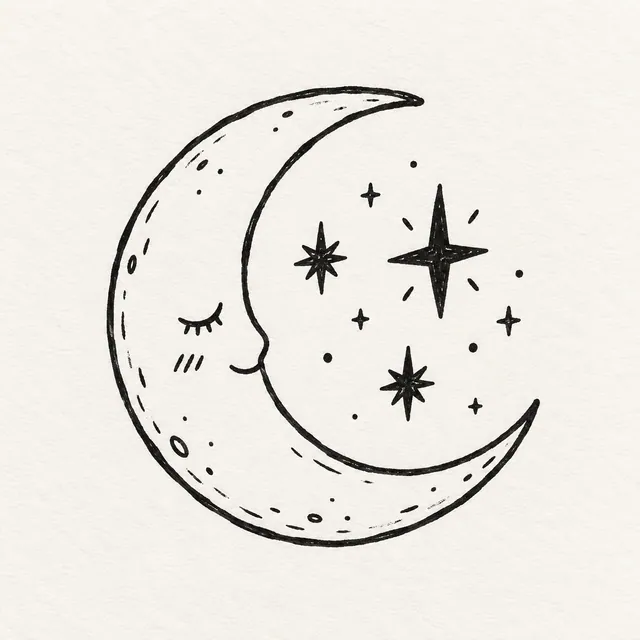 A hand-drawn crescent moon cradling a cluster of small stars in black marker.