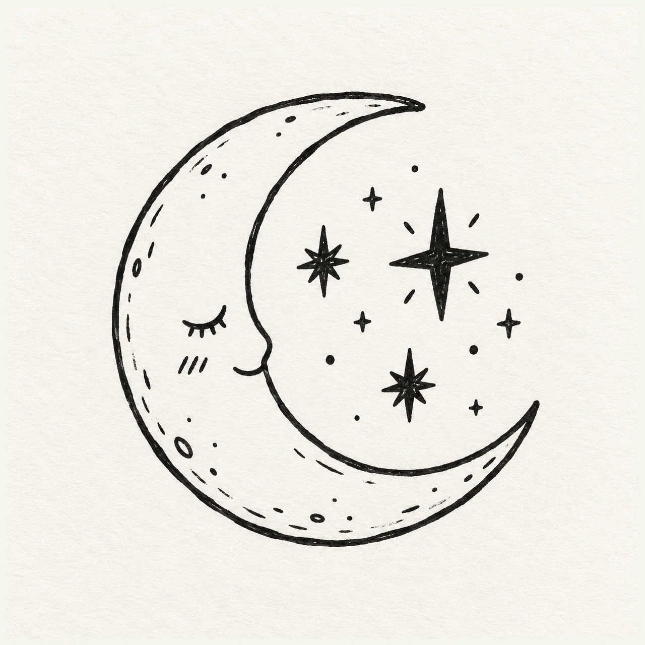 A hand-drawn crescent moon cradling a cluster of small stars in black marker.