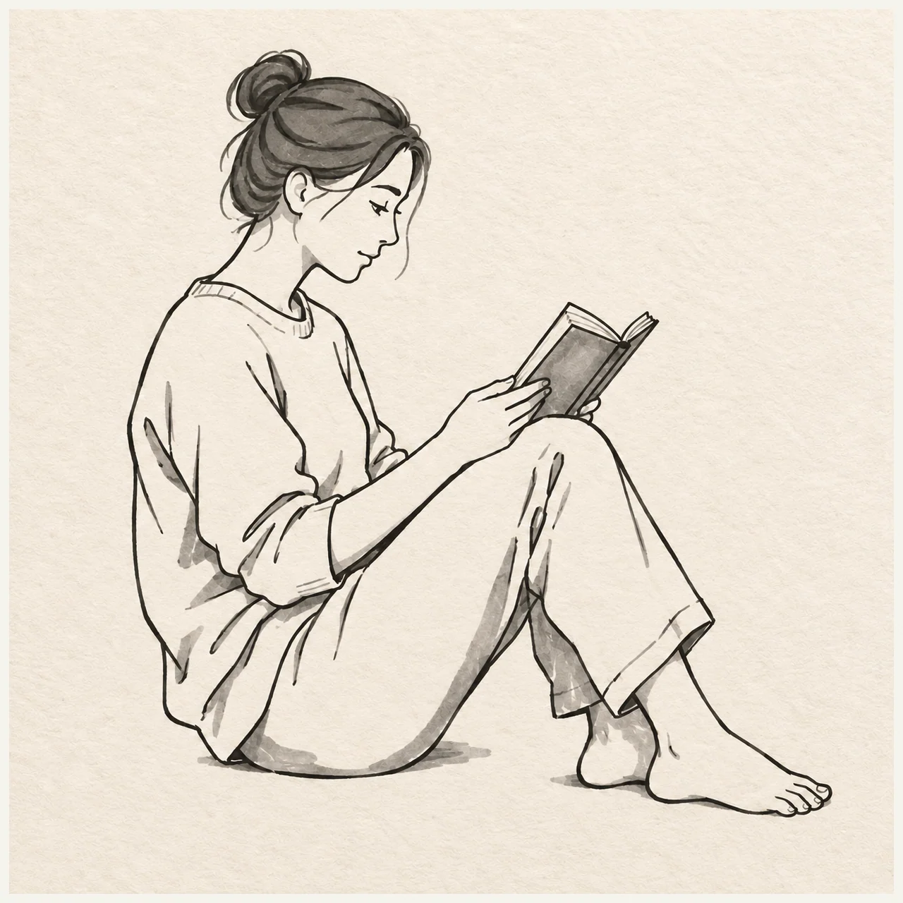 Person reading drawn in black and gray marker on pale cream textured sketchbook paper, with a complete silhouette and open margins.
