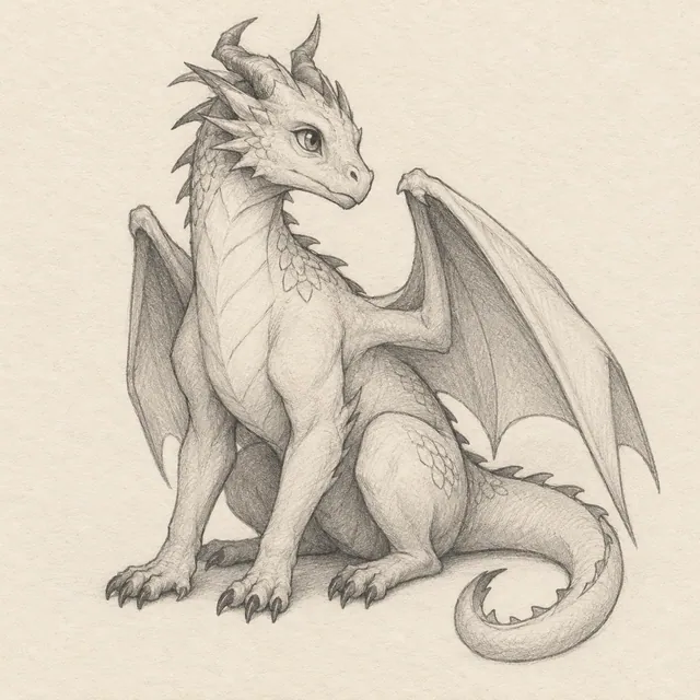 Dragon drawn in black and gray pencil on pale cream textured sketchbook paper, with a complete silhouette and open margins.