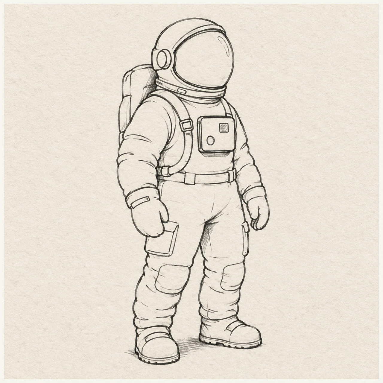 Astronaut drawn in black and gray fineliner on pale cream textured sketchbook paper, with a complete silhouette and open margins.