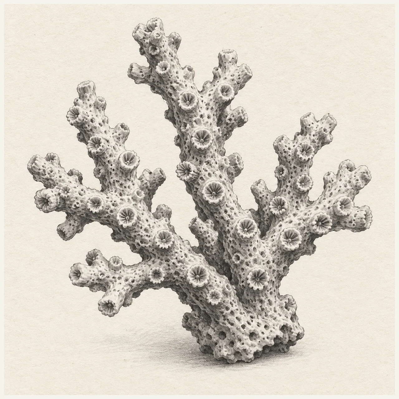 Detailed black and gray marker drawing of a branching coral skeleton with porous surfaces and cup-shaped openings on textured paper.