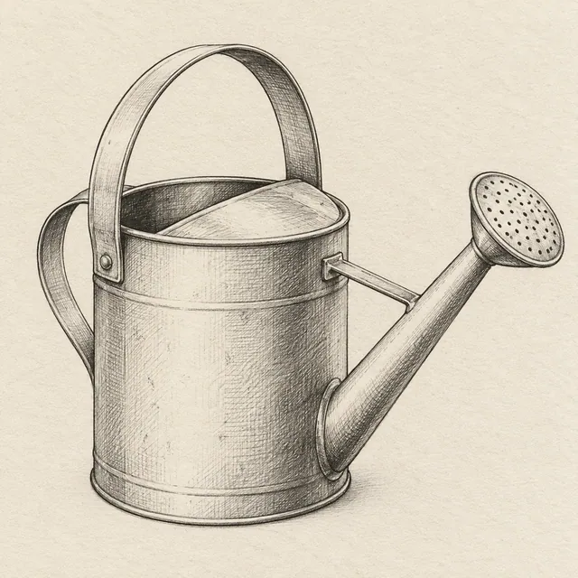 One plain watering can in three-quarter view, cylindrical body, arching handle and a connected long spout. Black and gray fineliner drawing on warm textured sketchbook paper.
