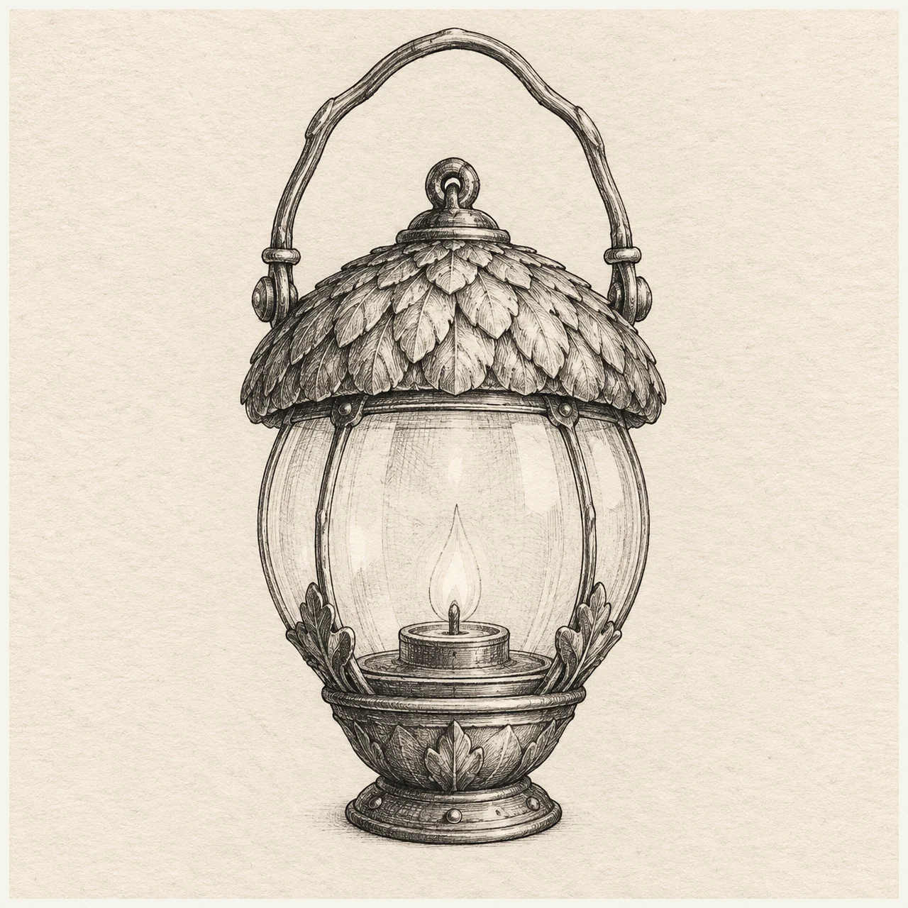 Fairy lantern drawn in black and gray fineliner on pale cream textured sketchbook paper, with a complete silhouette and open margins.