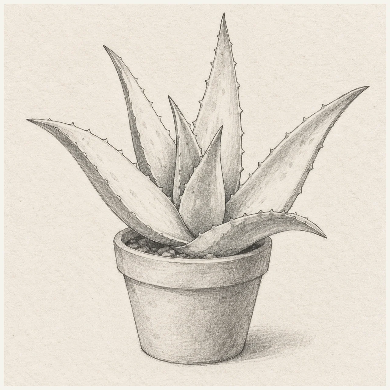 Pencil drawing of a potted aloe vera with seven thick overlapping leaves on textured paper.
