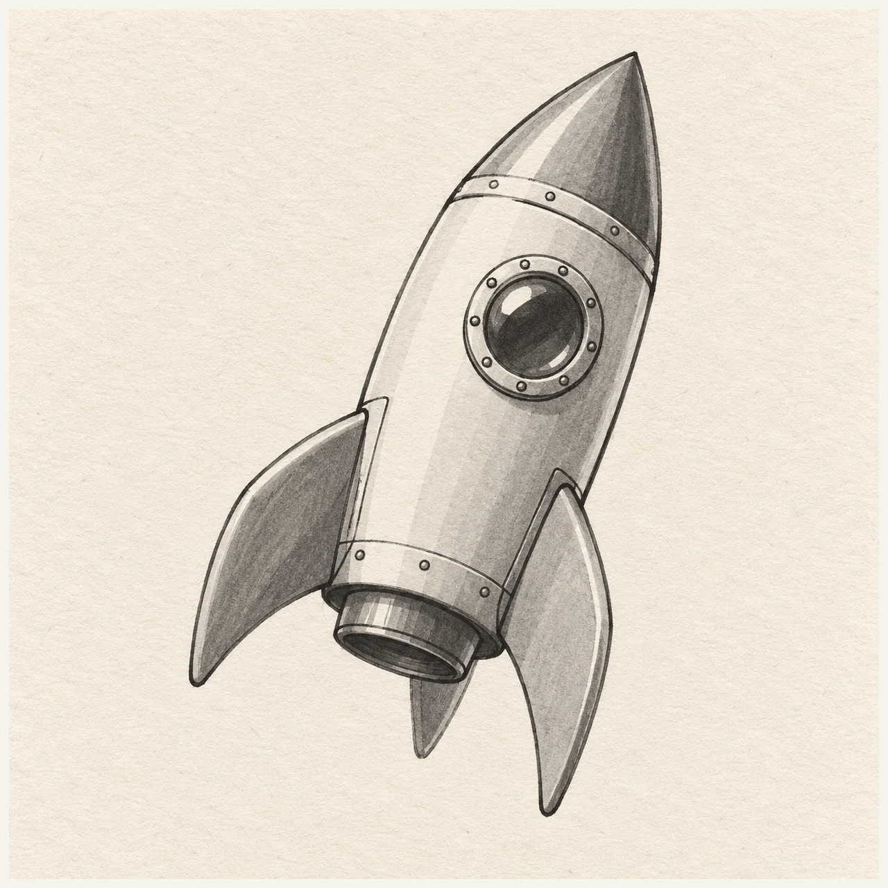 Rocket drawn in black and gray marker on pale cream textured sketchbook paper, with a complete silhouette and open margins.